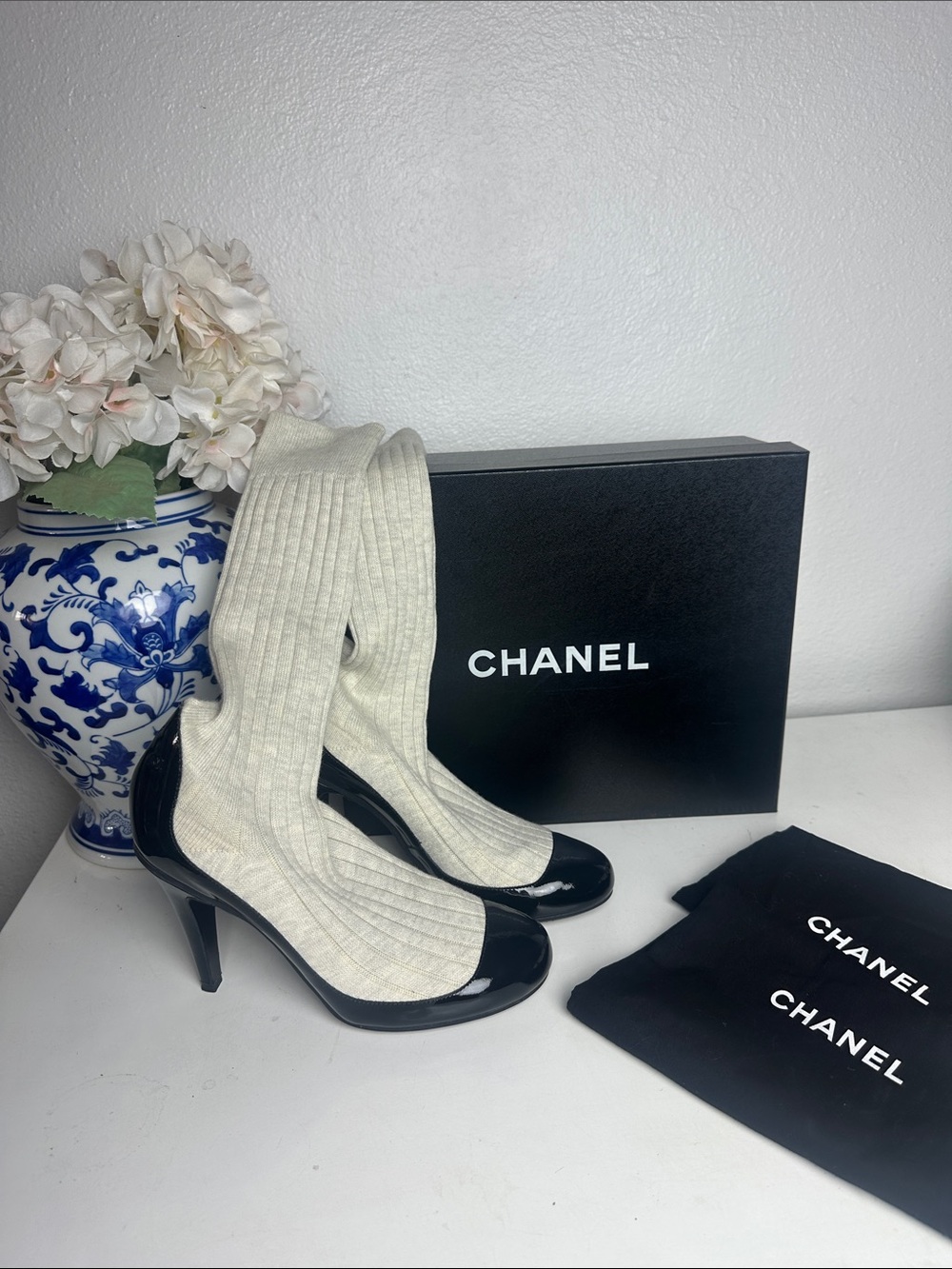 CHANEL Black Patent & Cream Ribbed Sock Heeled Boots